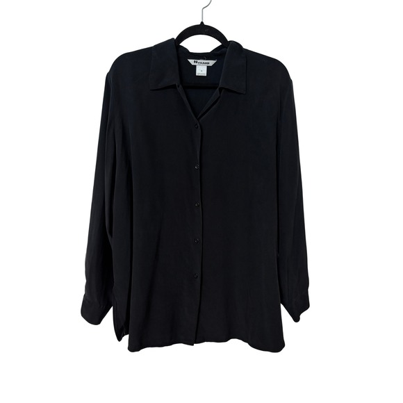 Tops - Black 100% Silk Button Down Long Sleeve Collared Shirt Blouse 16